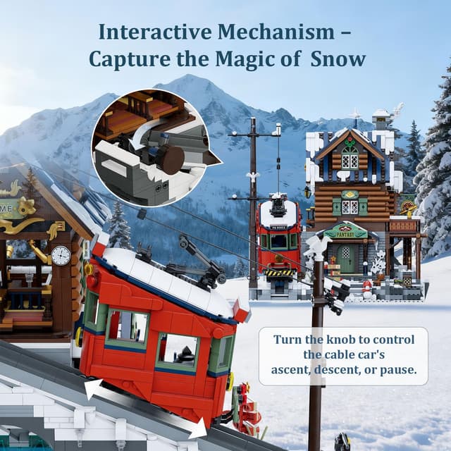 Detalle de PANTASY Winter Ski Lodge Bauset – 3-stöckige Alpenlodge mit Seilbahn, Eishöhle & Minifiguren