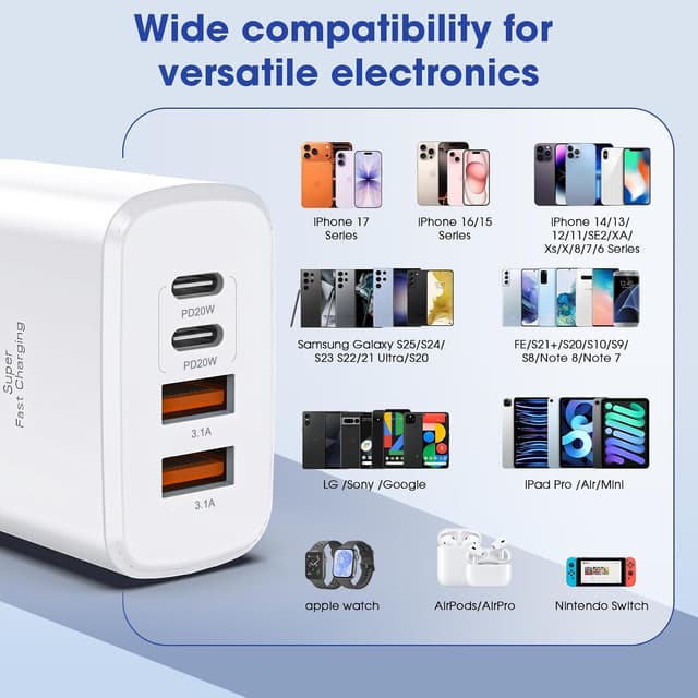 Detalle de 2-Pack 40W USB C Multiport Charger with 4 Ports (2x USB-C, 2x USB-A) for iPhone, iPad & Samsung – White