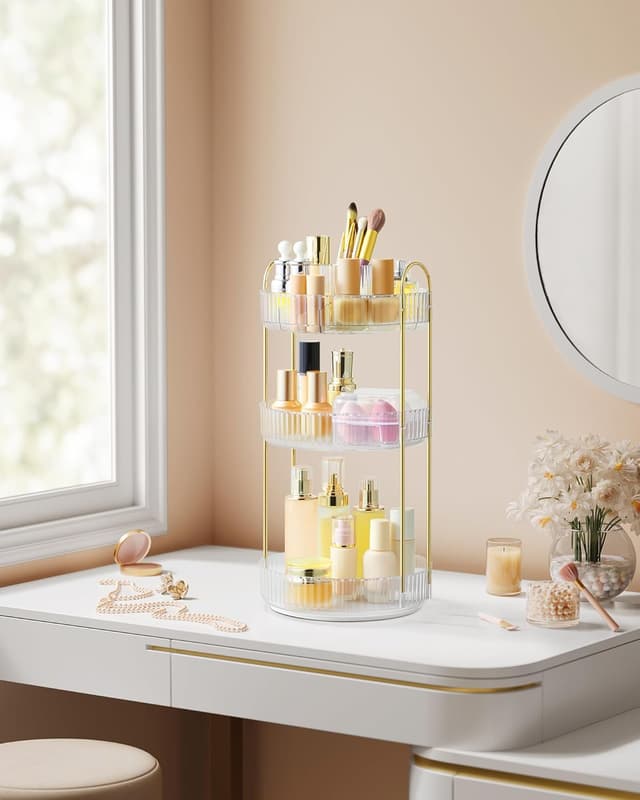 Detalle de SONGMICS Make-up Organizer drehbar, rund, 3 Ebenen – Kosmetik-Aufbewahrung JKA011W02