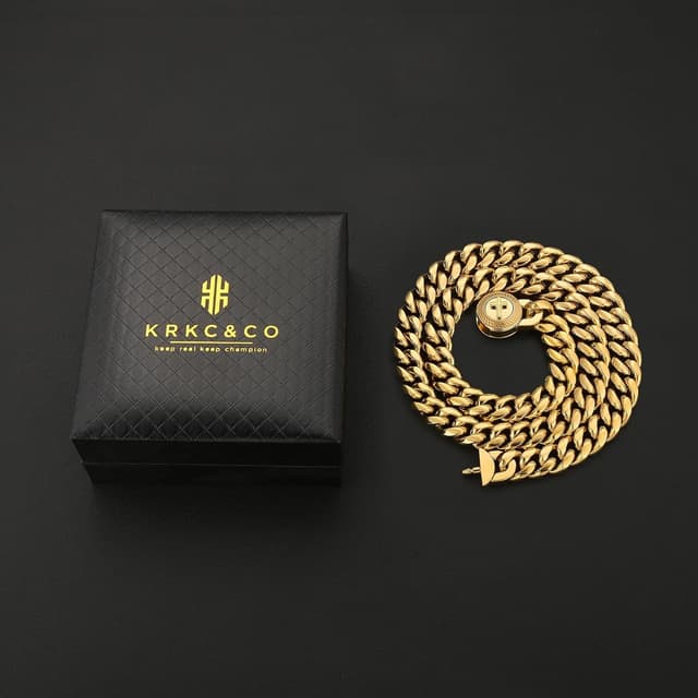 Detalle 2 de KRKC&CO 12mm Herren Panzerkette mit Löwe Kopf/Totenkopf-Verschluss – 18K Gold plattiert Cuban Link, Edelstahl (Miami Kubanische Kette)