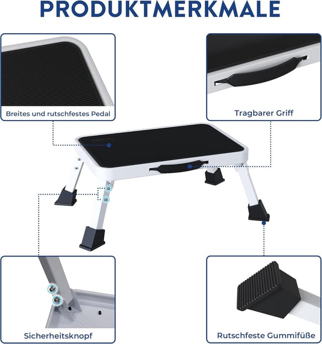 Detalle de BONTEC Klapptritt: rutschfester Tritthocker bis 150 kg, weiß, zusammenklappbar
