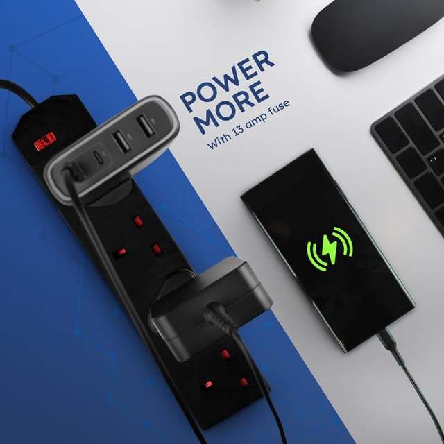 Detalle 2 de DESIRETECH Black 4-Gang Electric Extension Lead (1-metre cable) with UK Plug & Wall-Mountable Socket