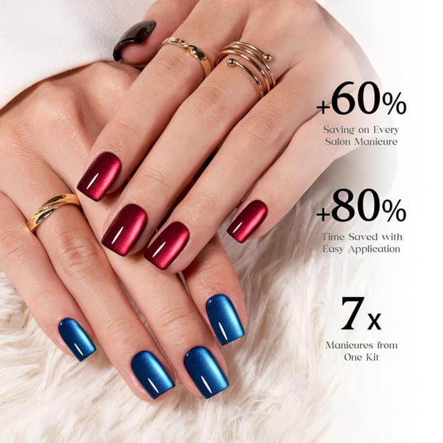 Detalle de Beetles X Press Cat Eye Nails (7 Colors) — Short Square Press-On Set, 16 Sizes (224 Pieces)