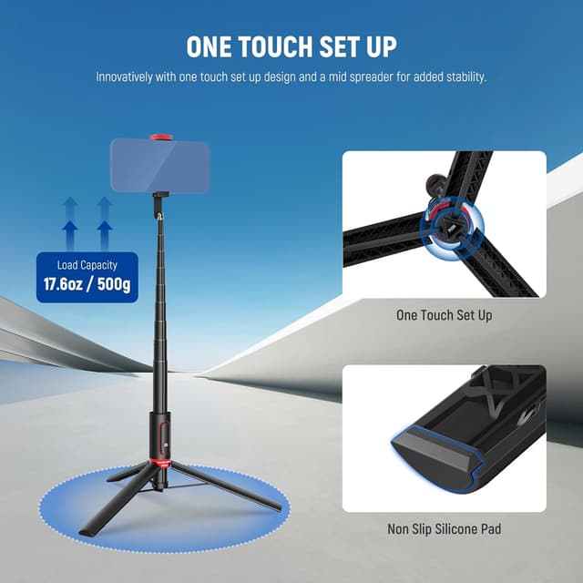 Detalle de NEEWER Basics PA991 adjustable selfie stick tripod with phone holder and rechargeable remote