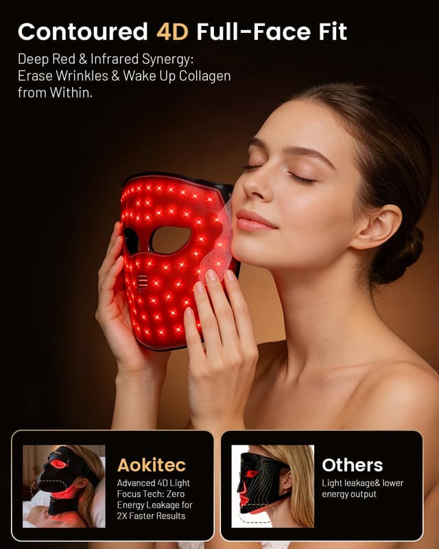 Detalle 2 de Aokitec 4D LED Maske für Gesicht & Hals mit 7 Farben, 850 nm NIR und IPX7 (kabelloses Home-Spa)