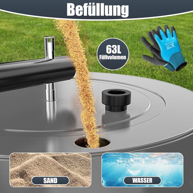 Detalle de KESSER® Rasenwalze Metall, befüllbar mit Wasser oder Sand (63 Liter) – 99 cm Arbeitsbreite, inkl. Handschuhe