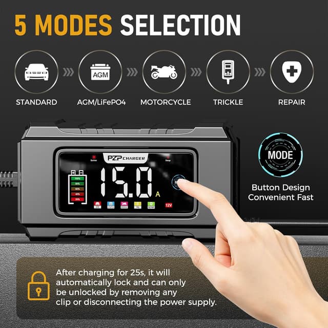 Detalle 2 de PZP 15-Amp 12V/24V Smart Battery Charger, Maintainer & Trickle Charger (9-Stage, LiFePO4 & Lead-Acid)