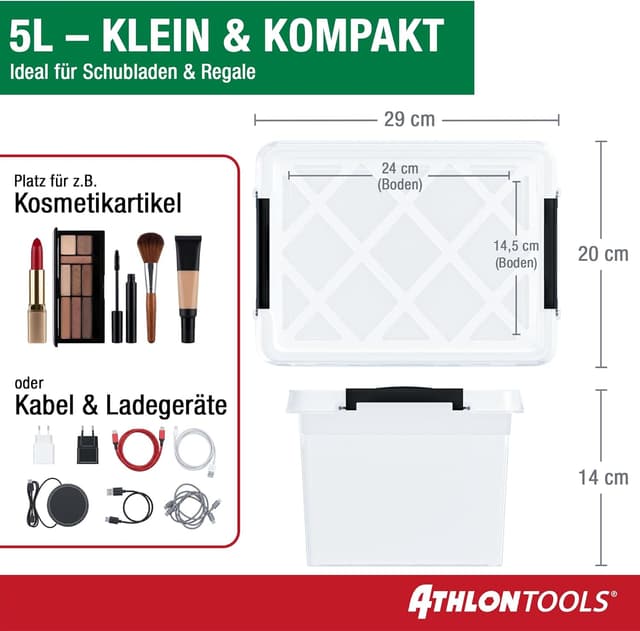 Detalle 2 de ATHLON TOOLS 4× 5-L Aufbewahrungsboxen mit Deckel – transparente, lebensmittelechte Plastikboxen stapelbar mit Verschlussclips