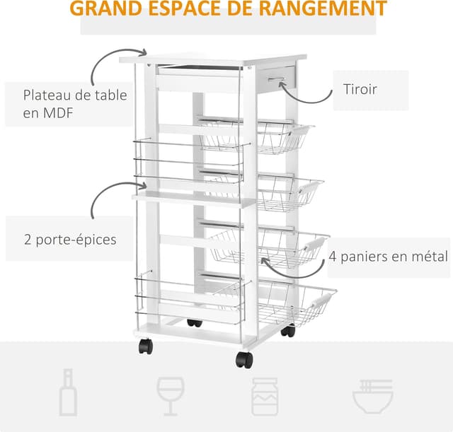 Thumbnail 2 de HOMCOM Desserte Cuisine blanc 47x37x83 cm