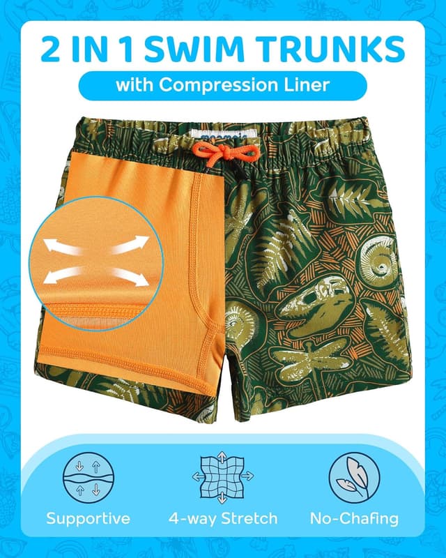 Detalle de MaaMgic Jungen-Badehose Badeshorts Kinder (2-in-1) – schnelltrocknend mit Kompressions-Innenhose & Taschen