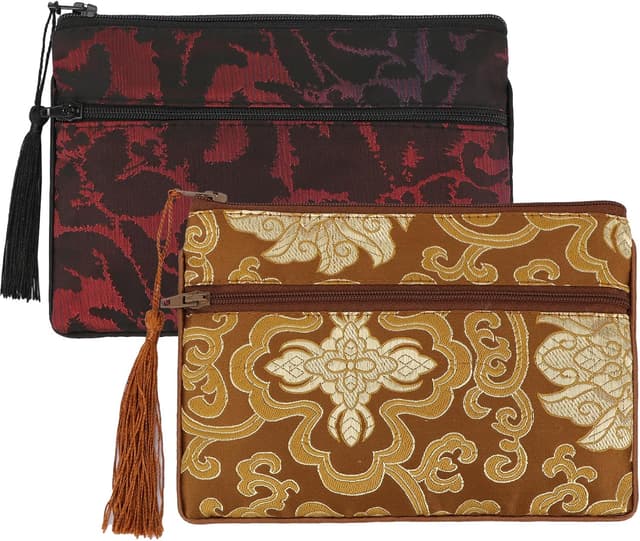 Detalle 2 de kilofly Chinese Silk Brocade jewellery pouch bag set of 2 with two zip compartments