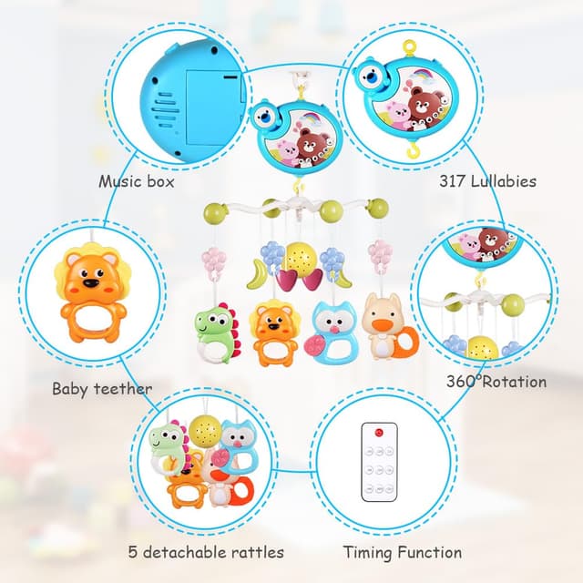 Detalle de Aolso Babybett-Spielzeug: Mobile fürs Babybett mit Musik, Lichtprojektion, Projektor & Fernbedienung (Blau)