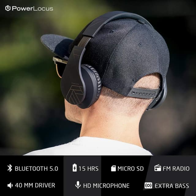 Detalle 2 de PowerLocus Bluetooth Over-Ear Headphones (Black) – wireless & wired with mic, microSD/TF and FM