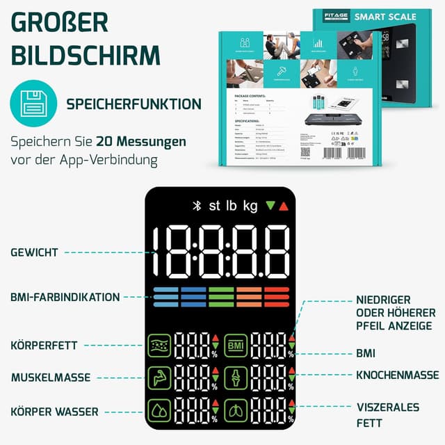 Thumbnail 6 de Digitale Personenwaage „Testsieger 2025“ – Körperanalysewaage bis 225 kg mit App & 17 Messwerten (Schwarz)