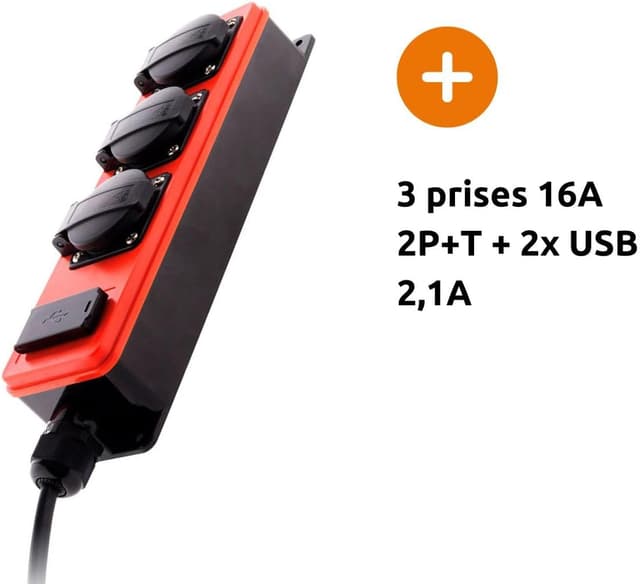 Detalle de Zenitech multipresa stagna 3 prese 16A 2P+T con 2 porte USB 2,1A