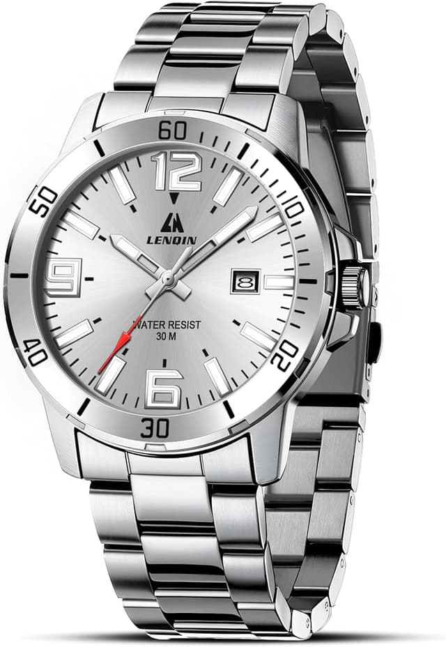 Detalle de LN LENQIN Herrenarmbanduhr aus Edelstahl mit Quarz, Analog-Anzeige, Datum und 3-ATM-Schutz