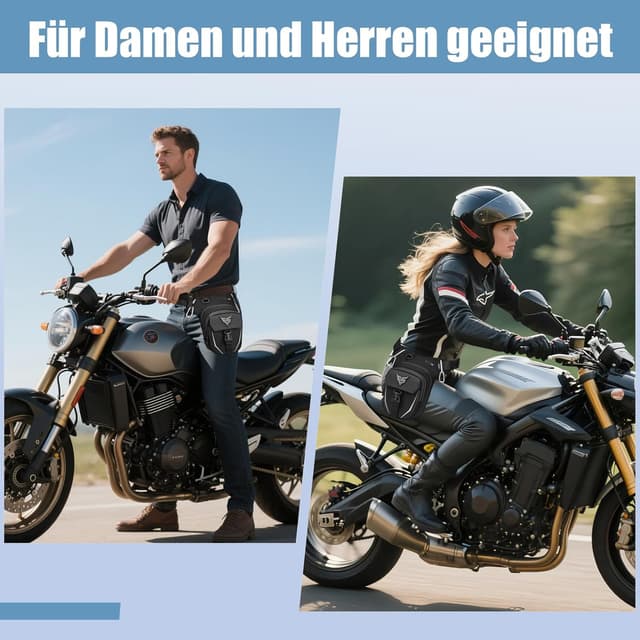 Detalle de Eshow Beintasche Motorrad – erweiterbare Oberschenkeltasche mit verstellbarem Beinriemen, 2 Karabinern und Reflexstreifen