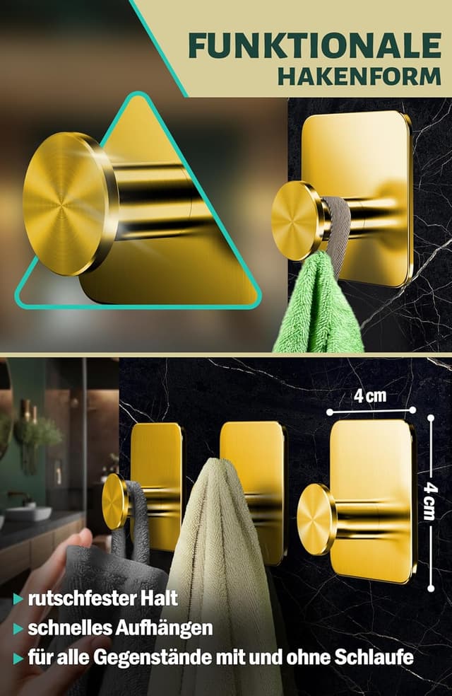 Detalle de Menz Handtuchhalter ohne Bohren (Golden) – 6 selbstklebende Klebehaken aus V2A, bis 10 kg