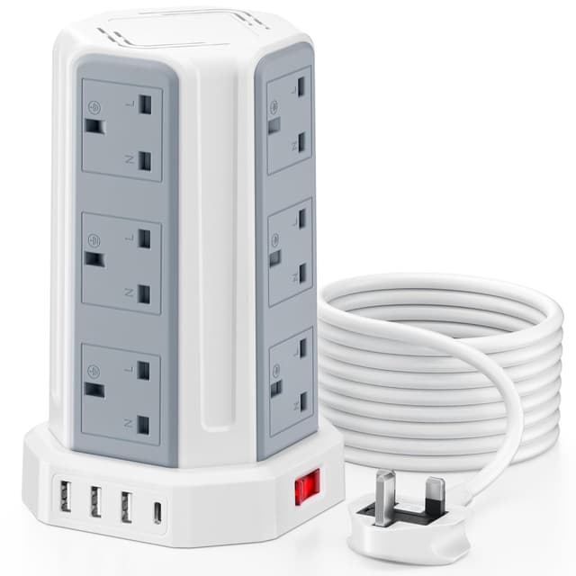 Detalle de Aodeng Tower Extension Lead with USB Slots, 5m 12-way outlets and 4 USB ports (1 Type C + 3 USB-A)