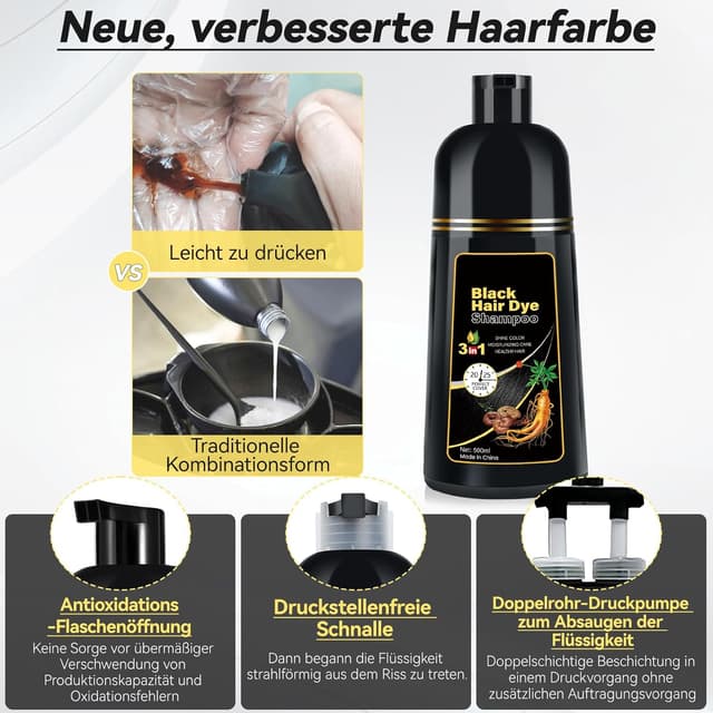 Detalle 2 de Black Hair Dye Shampoo 3-in-1, 500 ml