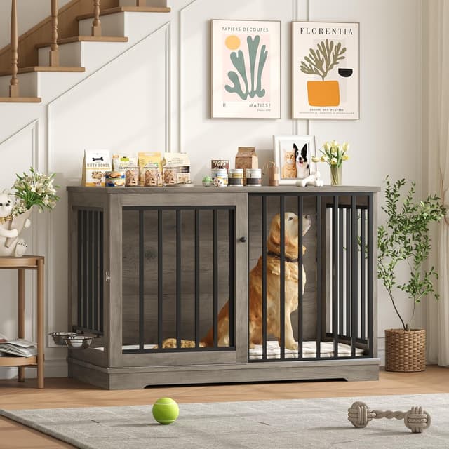 Detalle 2 de FirFurd Hundekäfig Möbel 120 cm breit – Hundebox aus Metall und Holz, inkl. Schiebetüren (120 x 90 x 60 cm)