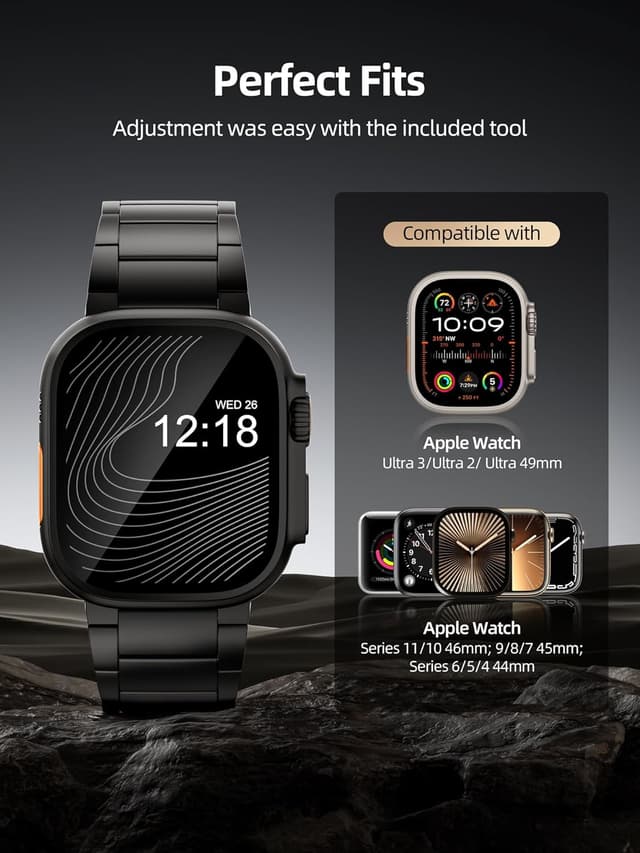Detalle de LULULOOK Titanium Strap for Apple Watch Ultra (Ultra 3/Ultra 2, 49mm & Ultra 46mm/45mm), Black folding clasp