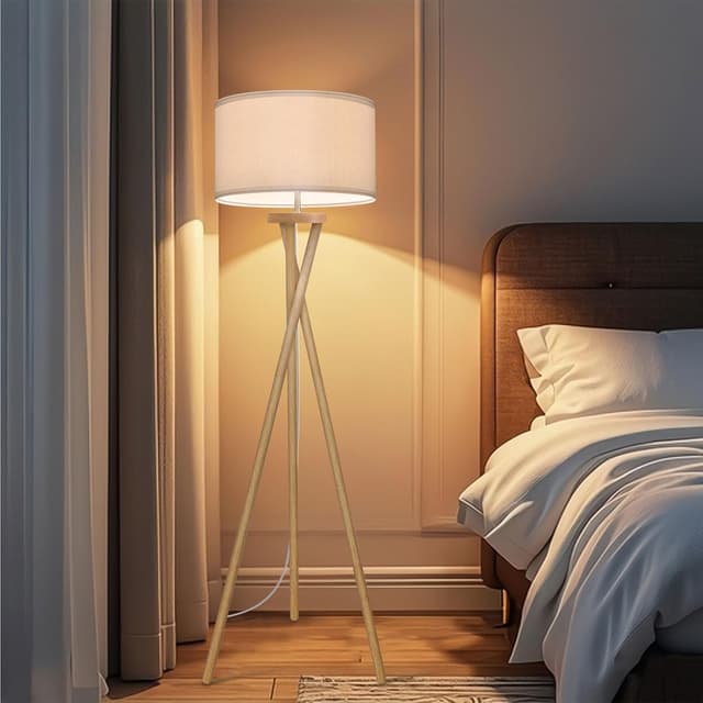 Detalle de Lampadaire sur pied BBHome style scandinave en bois avec abat-jour blanc et ampoule LED E27 9 W