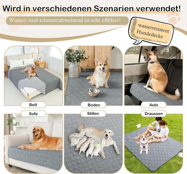 Detalle de GYURO 100% wasserdichte Hundedecke beidseitig nutzbar – Schutz für Sofa, Bett und Auto (Grau, 97 × 190 cm)