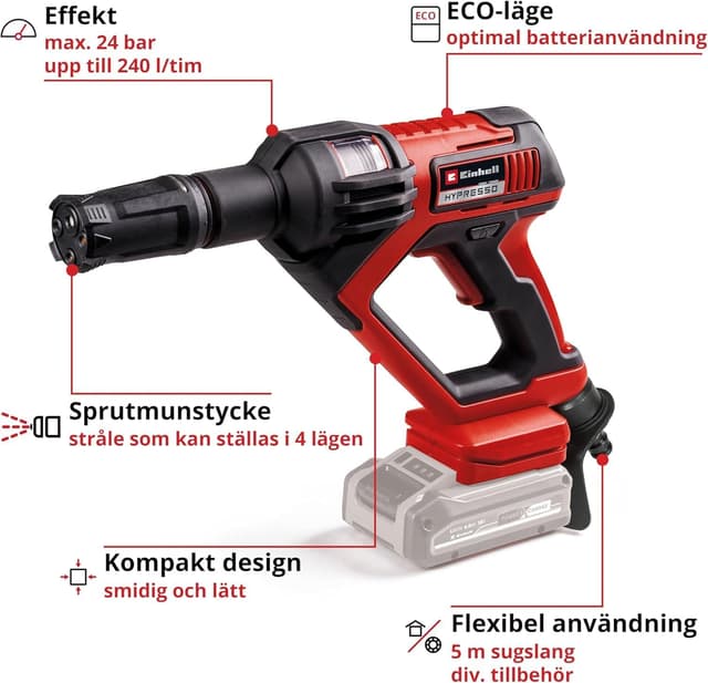 Detalle de Einhell HYPRESSO 18/24-1 Power X-Change (18 V) batteria 240 l/h, 24 bar – irrigazione e pulizia mobile, accessori inclusi (senza batteria e caricatore)