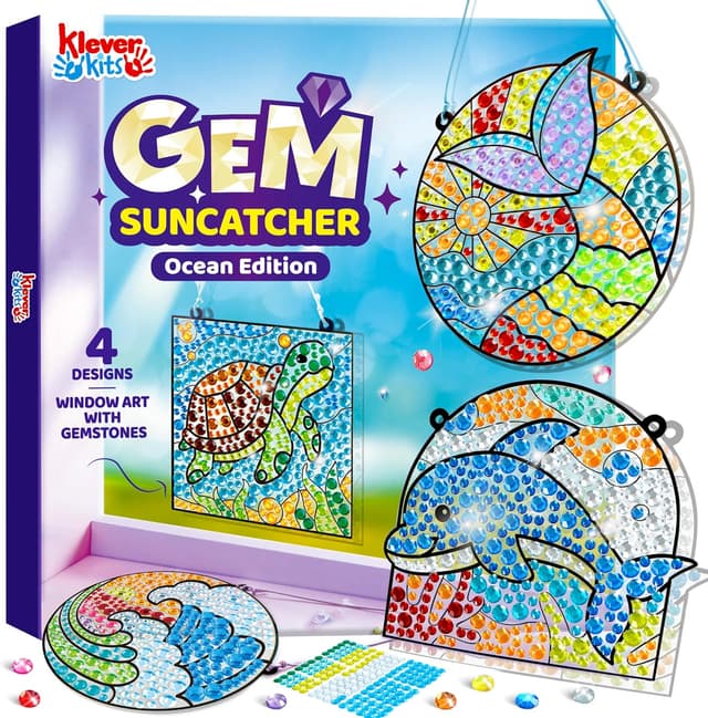 Detalle de Klever Kits Suncatcher Fenster Bastelsets für Kinder (4 Themen) – DIY Diamant Malset ab 6 Jahren