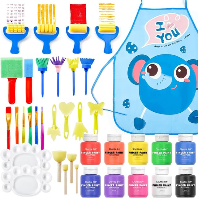 Detalle de Shuttle Art 33-teiliges Fingermalset für Kinder (waschbar, 10 Farben à 60 ml) mit Stempel, Schwamm & Pinsel