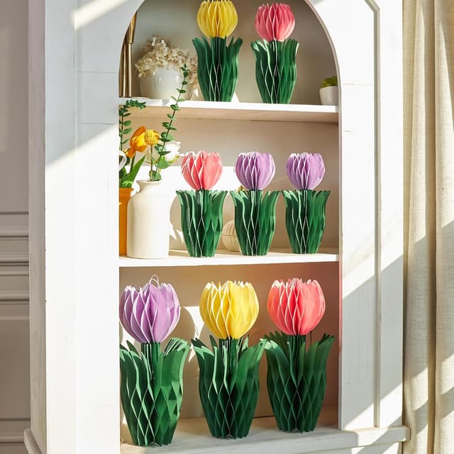 Detalle de SUNBEAUTY 9er-Set 3D Tulpen & Wabenbälle in Rosa, Lila und Gelb für Frühlings- & Party-Deko