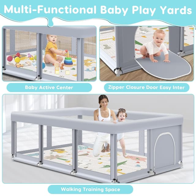 Detalle 2 de Fshibila 74" × 50" Large Baby Playpen (Baby Playard) with Breathable Mesh, Anti-Fall Safety & Mat