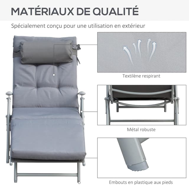 Thumbnail 4 de Outsunny Bain de Soleil Pliable 7 Positions Gris