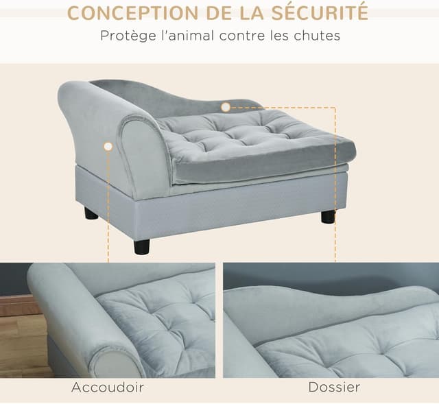 Detalle 2 de PawHut Canapé pour chien et chat sur pieds avec coffre de rangement et coussin amovible Gris clair (76 x 45 x 43 cm)