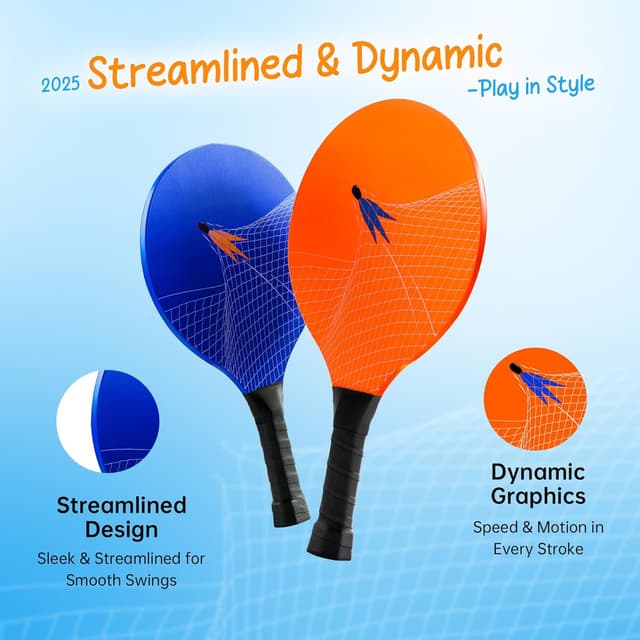 Detalle de U&C Planet Beachball Set Paddle-Ball Spiel mit Holzschlägern – Set für Strand & Garten