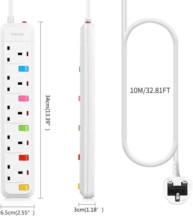 Detalle 2 de Mscien Long Extension Lead 10M 5‑Way Power Strip