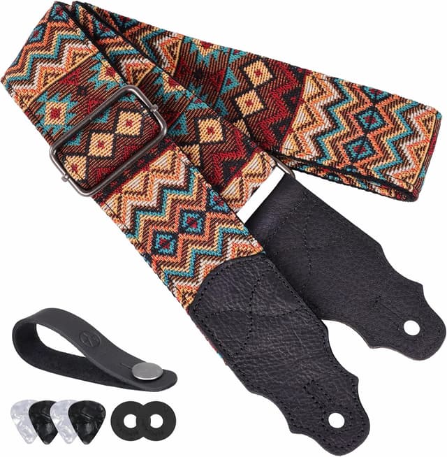 Detalle de YIKOKO Gitarrengurt aus Rindsleder-Kopfschicht, verstellbar 38–64" (für Akustik-/Bass- und E-Gitarre)