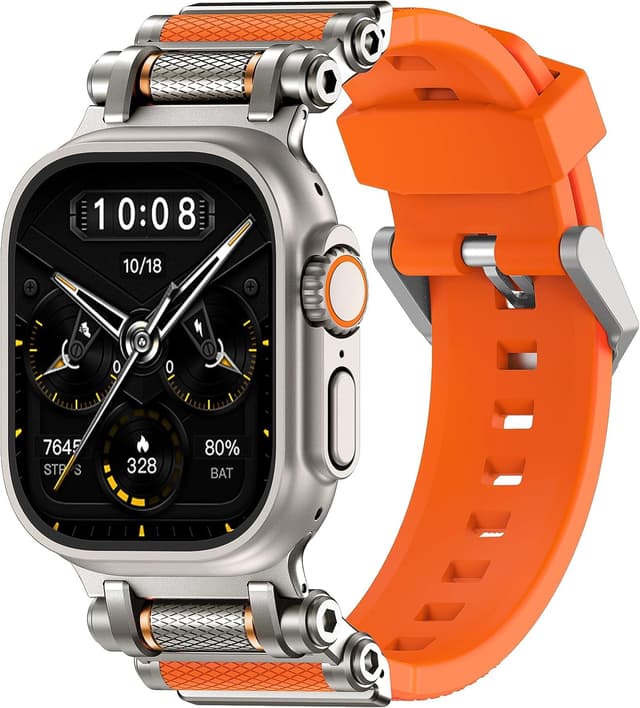 Detalle de TAURI Liquid Silicone & Stainless Steel Strap for Apple Watch Ultra (49mm) – Orange