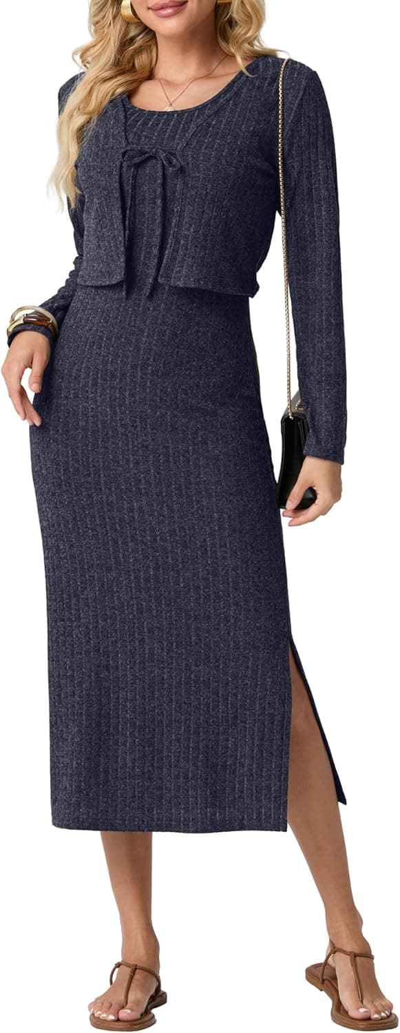 Detalle de GRECERELLE ribbed knit dress & cropped cardigan set: 2-piece midi outfit with tie-front cardigan