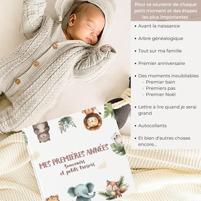 Detalle 2 de HuBorns Livre de naissance bébé avec +50 pages, autocollants et emplacement photos (de la naissance à 5 ans)