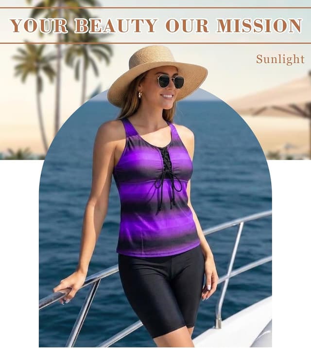 Detalle 2 de LALAGEN Women’s Plus Size Tankini Swim Set with Rash Guard Capris (S–5X)