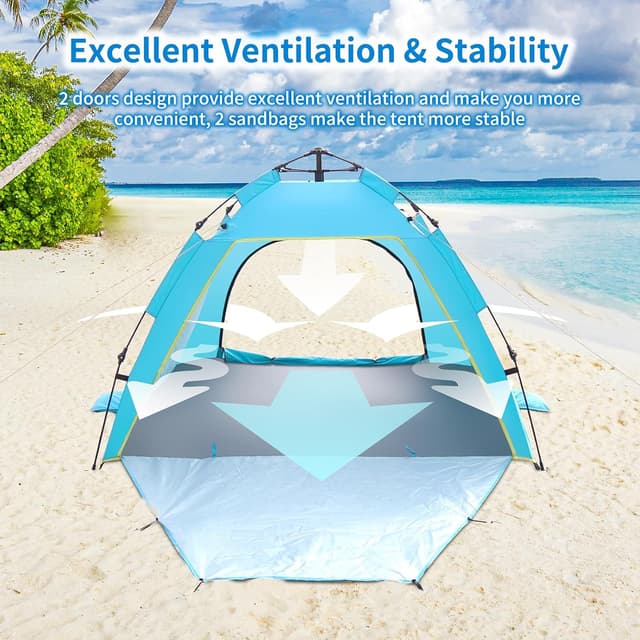 Detalle 2 de Cflity Pop Up Beach Tent (1–3 Person) – Automatic Instant UV 50+ Sun Shelter with Double Door