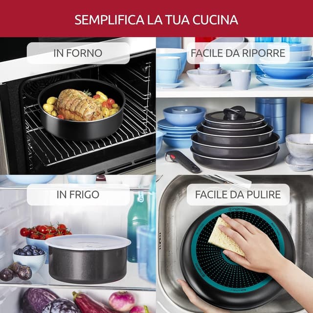 Detalle de Lagostina Ingenio Essential Plus set 6 pezzi in alluminio antiaderente (gas e forno, no induzione) con manico removibile