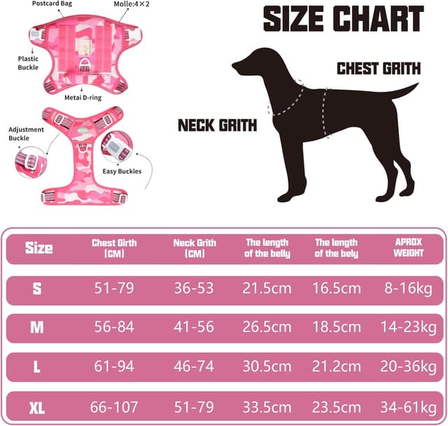 Detalle de Auroth Tactical Anti Pull Dog Harness Adjustable Breathable Dog Vest, Size L (Pink Camo)