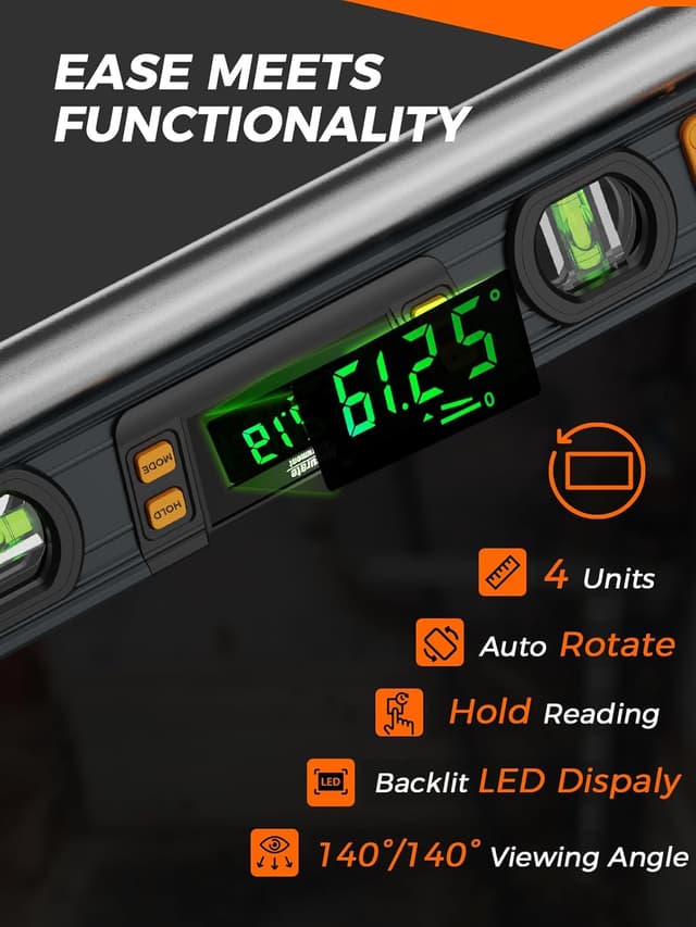 Detalle de Mecurate 10-Inch Digital Level with Bright LCD, Audible Alerts and Magnetic Base (Smart Precision Torpedo)