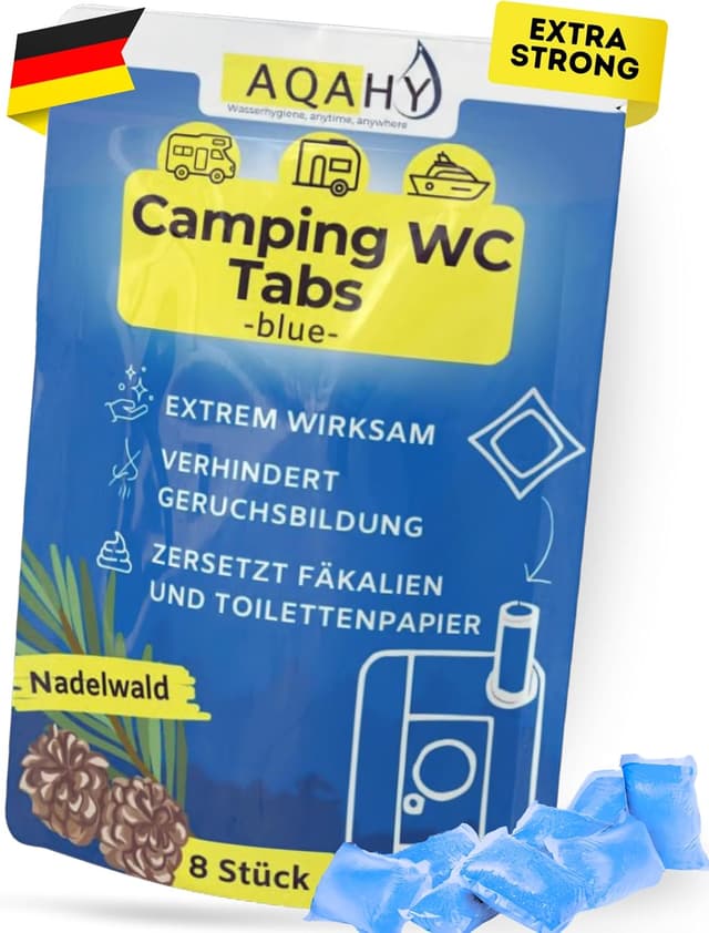 Detalle de AQAHY Camping-Toiletten Zusatz Tabs blue extra stark (Nadelwald WC Drops) – geruchsbindende Chemietoilette-Tabs, ohne WC-Chemie