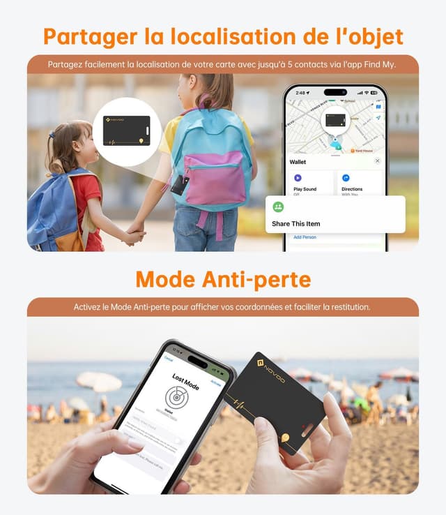 Detalle de NOVOO Carte SmartTag fine rechargeable étanche IP68 compatible Apple Find My (iOS uniquement)