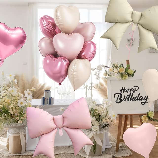 Detalle 2 de FunHot Pink White Heart Balloons & Cream Bow Foil Set (10 Pieces) for Birthdays, Valentine’s, and Weddings