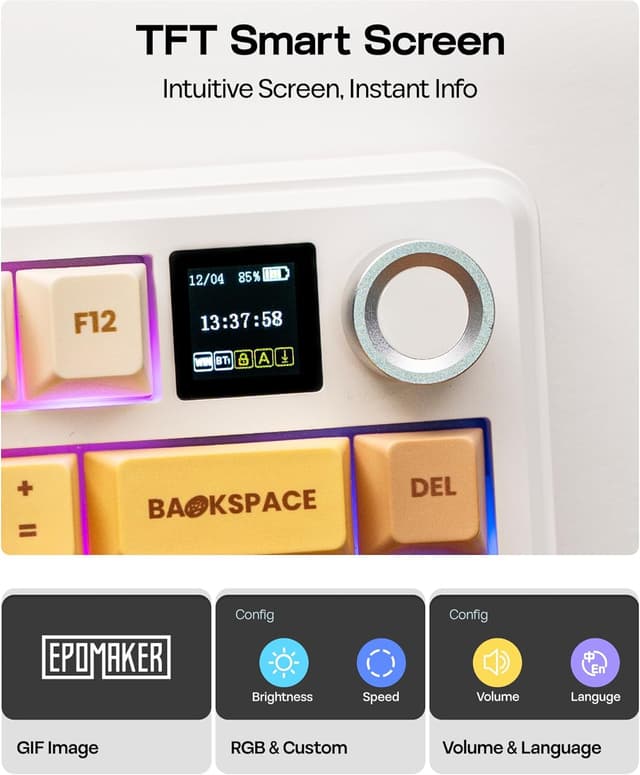 Detalle de EPOMAKER X Aula F75 Max : clavier mécanique sans fil 75% QWERTY avec écran TFT et RVB, switches Caramel/Reaper